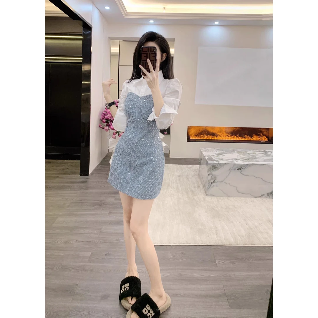 Leathercat连衣裙女装早春2025新款高级感气质小个子牛仔衬衫裙子