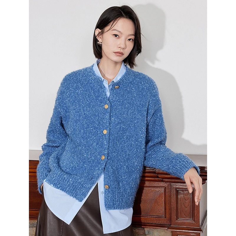 【年终狂欢购】初语圈圈纱夹花毛衣女秋冬绿色花纱加厚外套毛织上衣