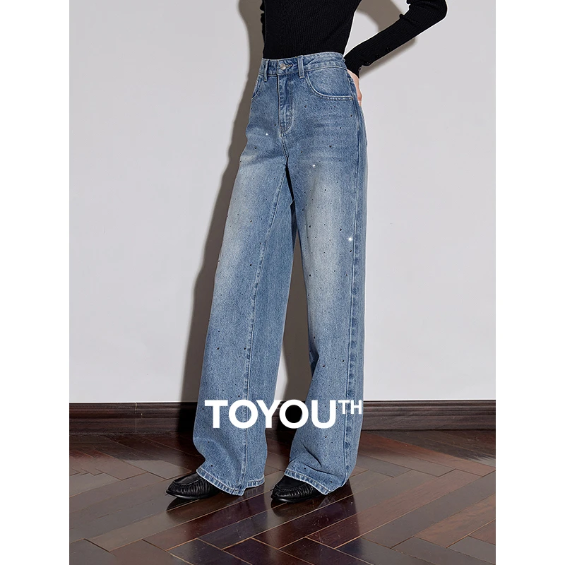 【双11提前购】初语烫钻牛仔裤女2025显瘦新款怀旧磨白中高腰阔腿裤