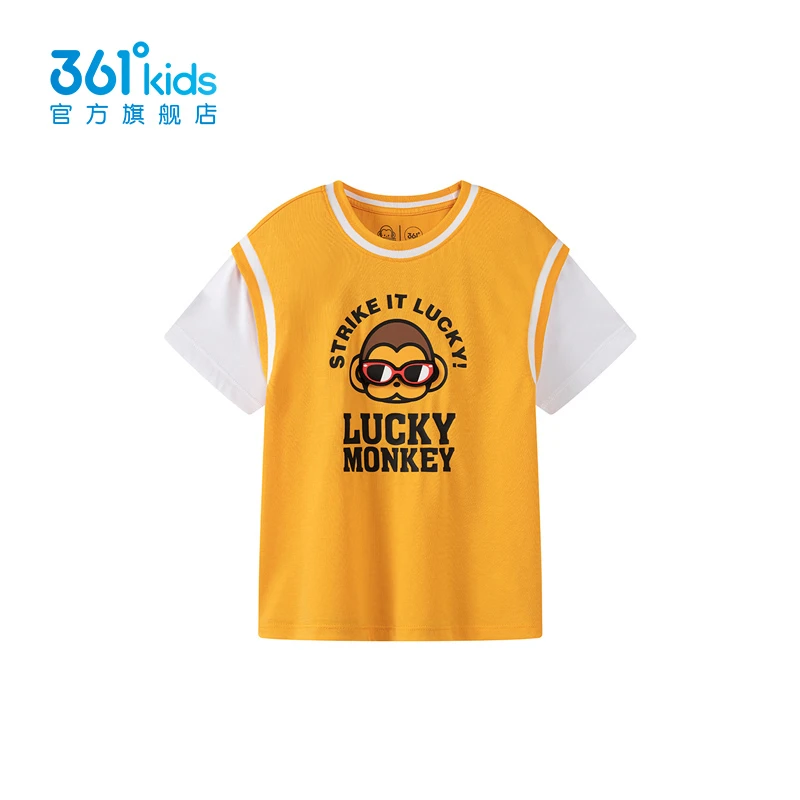 361°童装男童短袖透气速干运动针织衫夏款宝宝假两件撞色篮球服