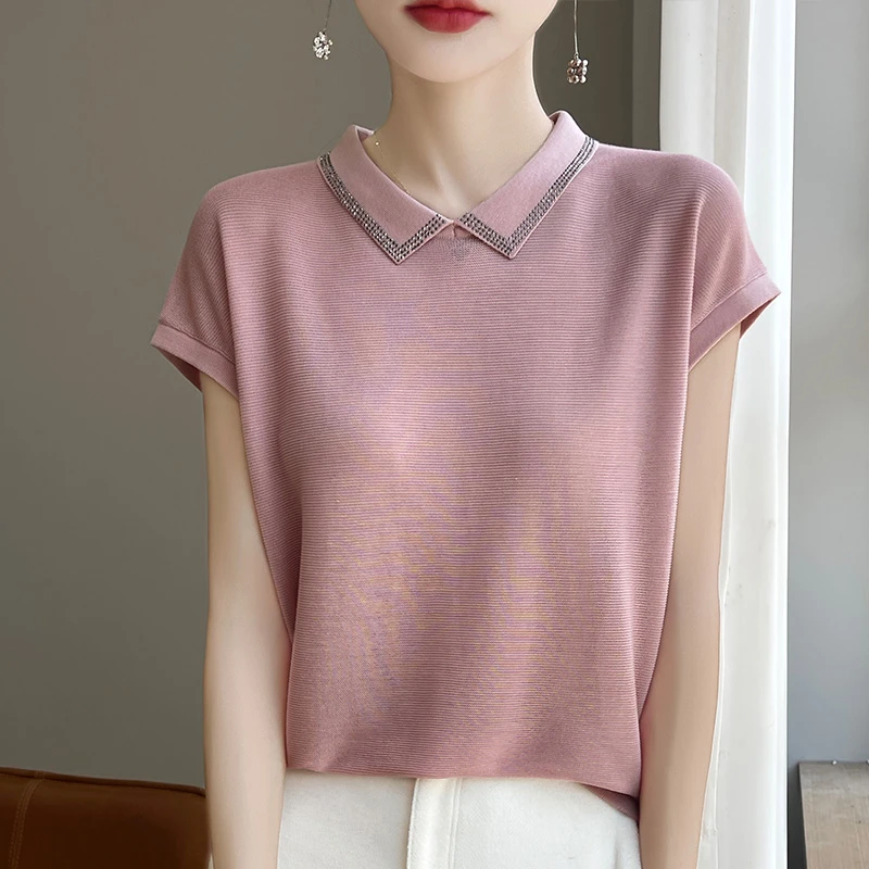 哥家桑蚕丝短袖t恤女2024新款显瘦宽松夏季薄款冰丝针织衫上衣服