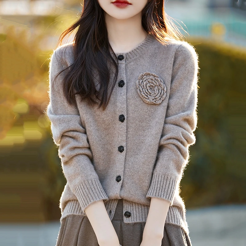 品牌立体钩花羊毛针织衫女开衫纯色百搭100%纯羊毛小香风毛衣外套