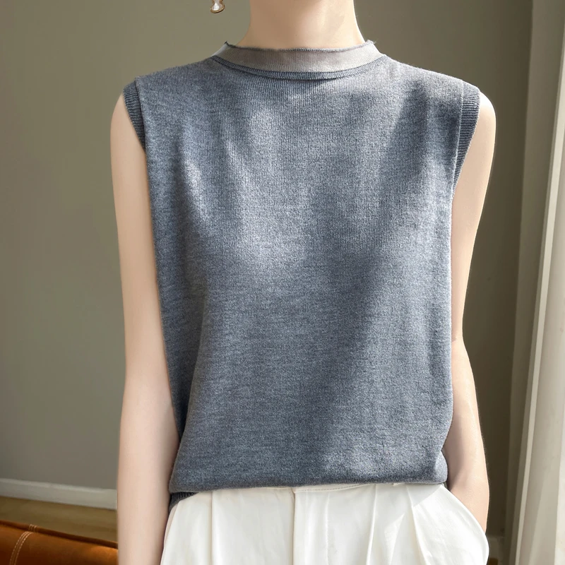 哥家2024新款女圆领羊毛针织衫春夏季无袖上衣背心时尚百搭打底衫