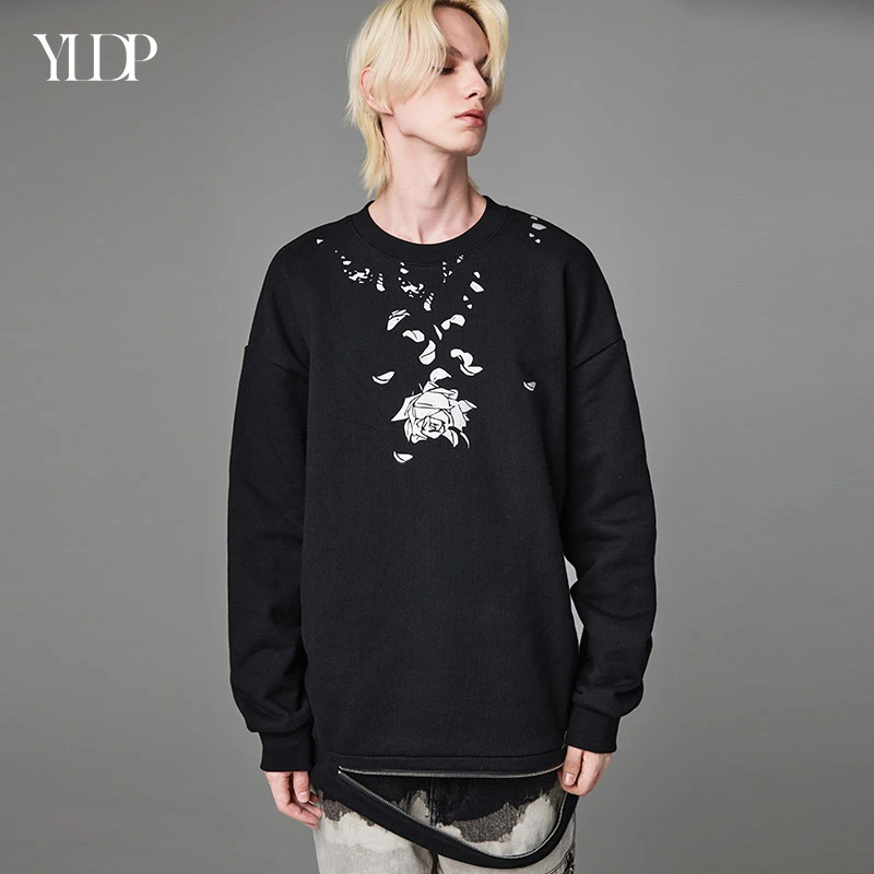 YLDP金属玫瑰拉链重磅套头卫衣高街浪漫印花秋冬潮牌情侣无性别