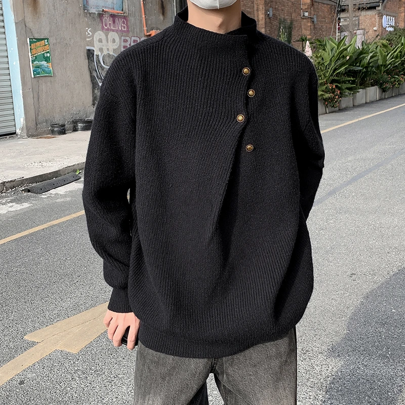 不规则纽扣设计感高领毛衣男韩系潮牌痞帅慵懒oversize针织衫上衣