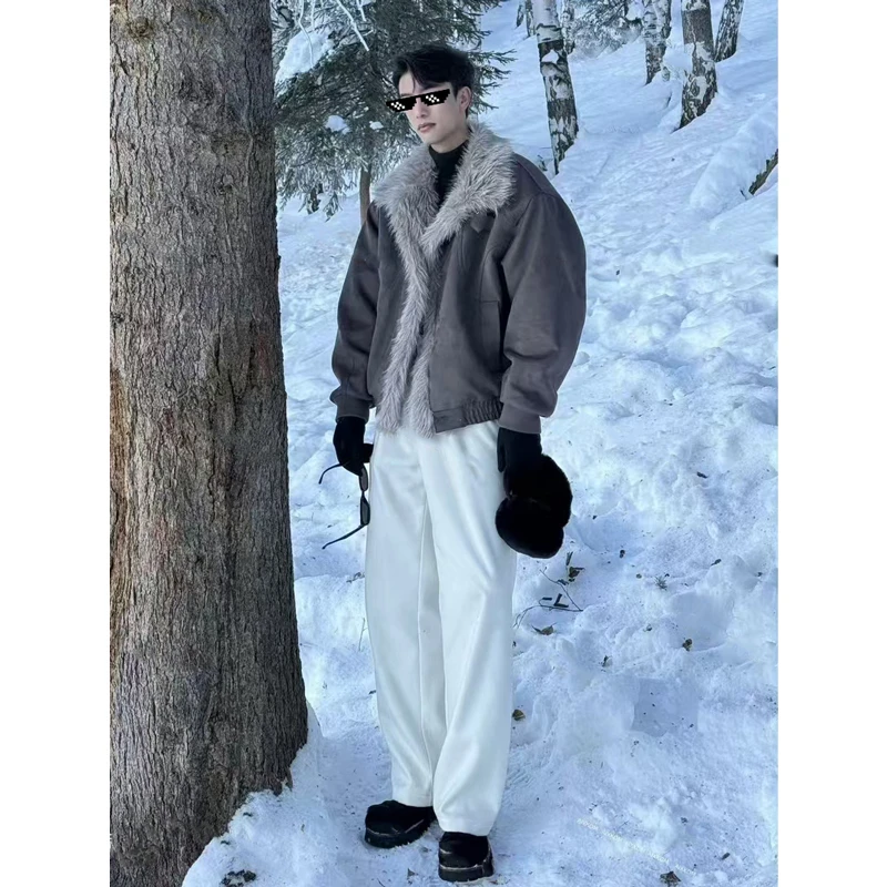 2024冬季座山雕新款皮毛一体短款加厚保暖翻领棉服外套男