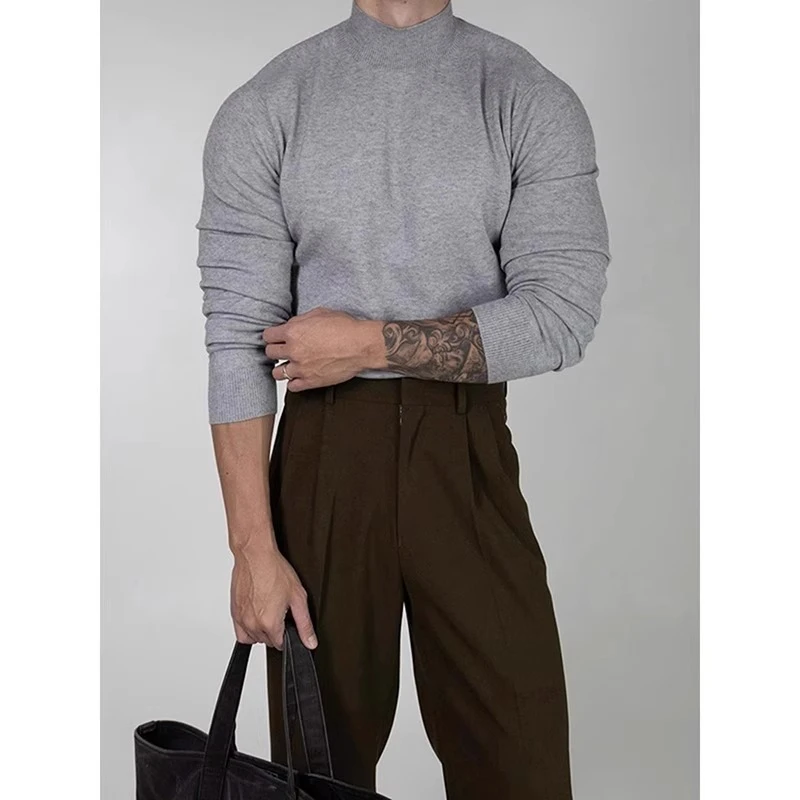 灰色半高领毛衣男冬高级感显肌肉修身内搭保暖内衣型男打底针织衫