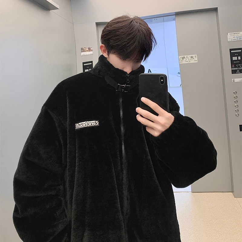 仿羊羔绒外套男2024冬季新款美式高街棉服加绒加厚宽松休闲棉衣