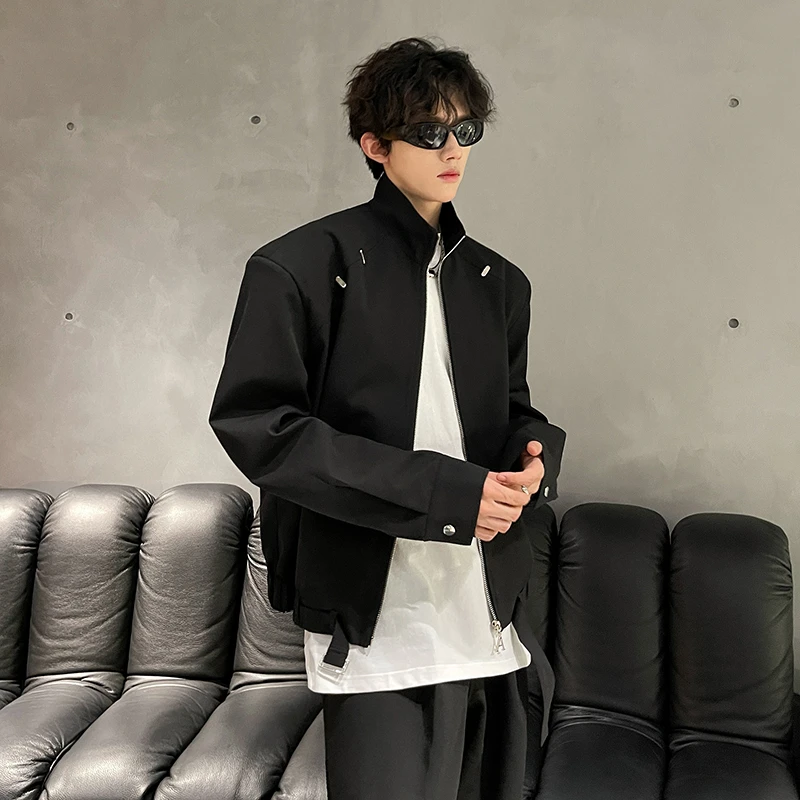 春秋季老钱风cleanfit短款垫肩立领外套男款金属装饰痞帅休闲夹克