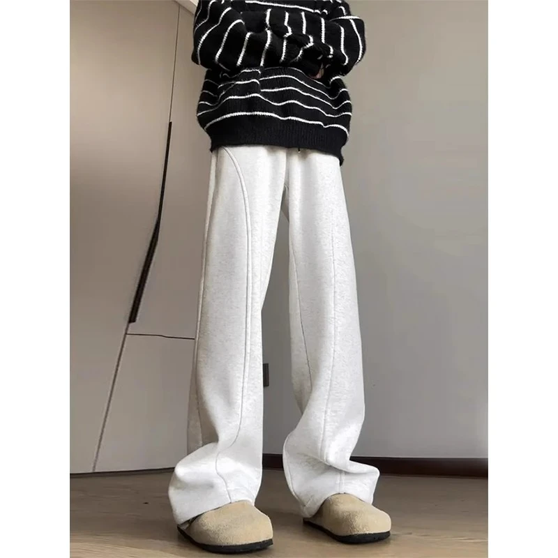 斜切弯刀卫裤男直筒垂感加绒加厚秋冬cleanfit花灰色外穿拖地裤子