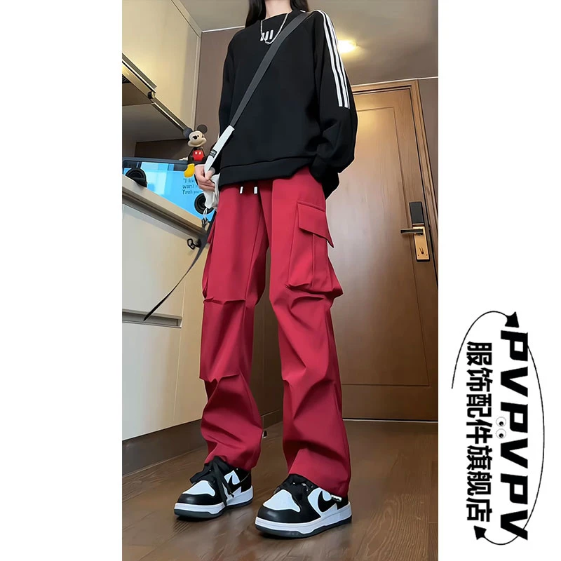 【运费补贴】红色机能风工装裤男士户外宽松休闲直筒冲锋裤子秋冬款