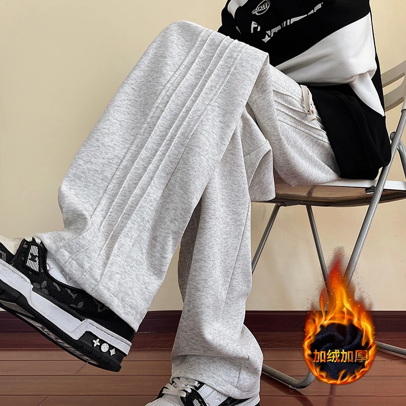 美式复古竖条纹抽绳直筒运动重磅加绒卫裤男大码宽松休闲阔腿裤子