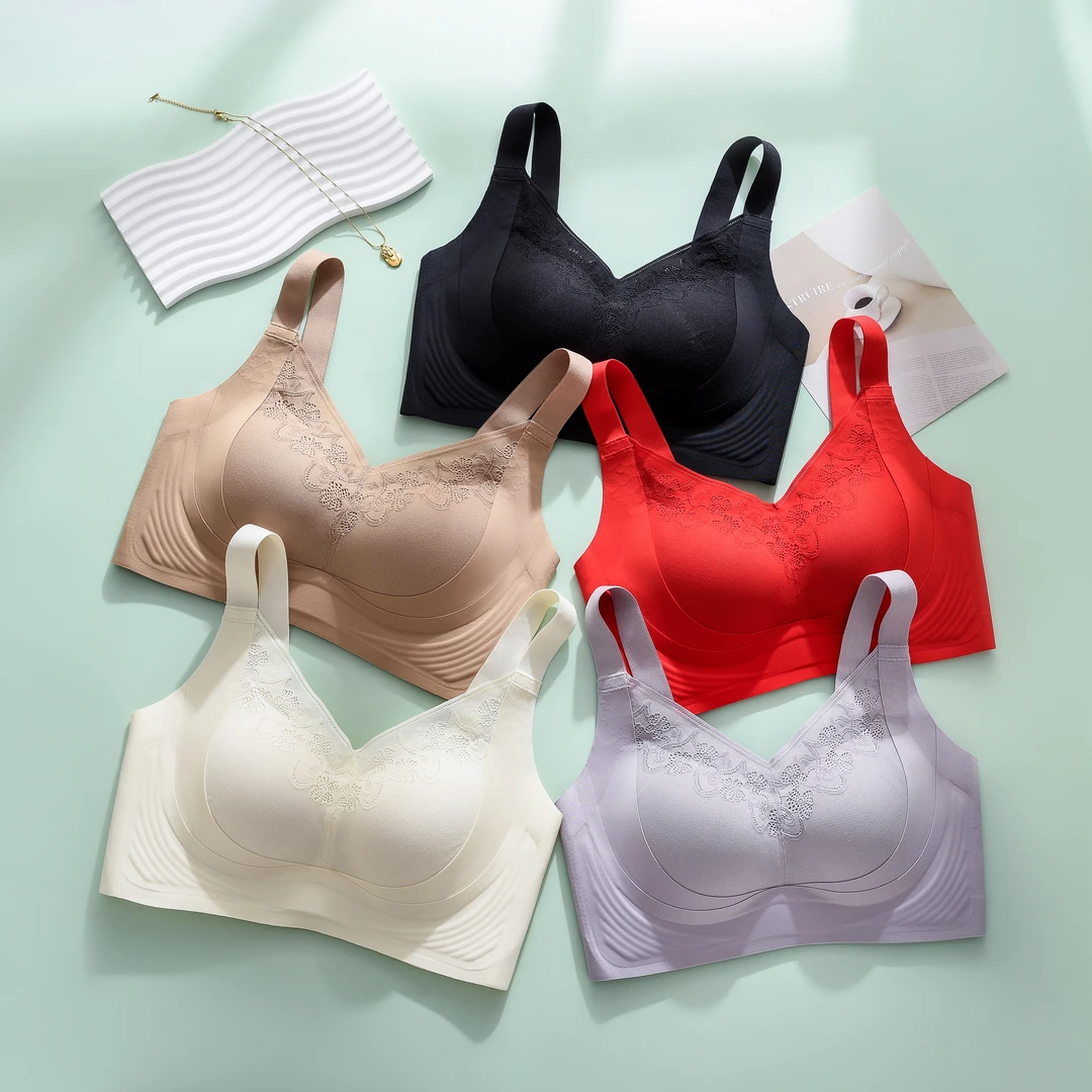 大胸显小薄杯蕾丝内衣女无钢圈透气固定杯调整型防下垂文胸收副乳