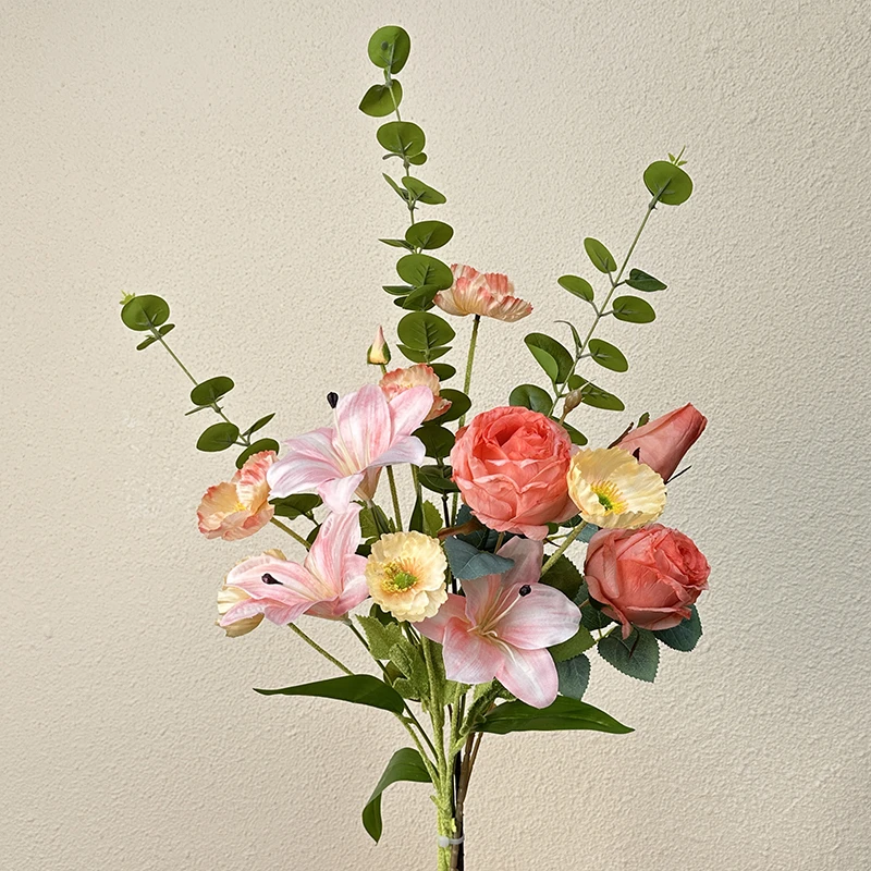 【百合虞美人】虞美人百合花花束 尤加利玫瑰花仿真花束 5枝花材