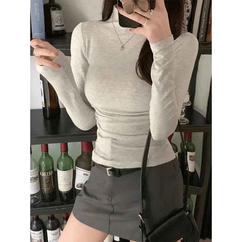 纯色时尚掐腰显胸长袖T恤打底衫半高领秋冬抽褶修身显瘦百搭上衣