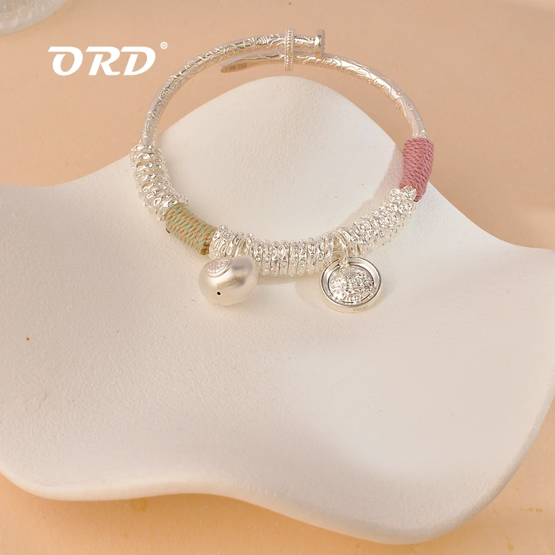 足银手镯 足银999.9福袋万贯盘缠推拉钉子手镯手环复古风新中式