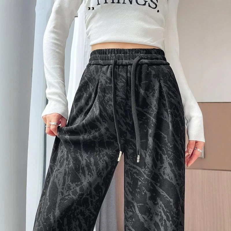 黑色印花直筒休闲裤女秋冬新款高腰显瘦垂感窄版抽绳阔腿裤