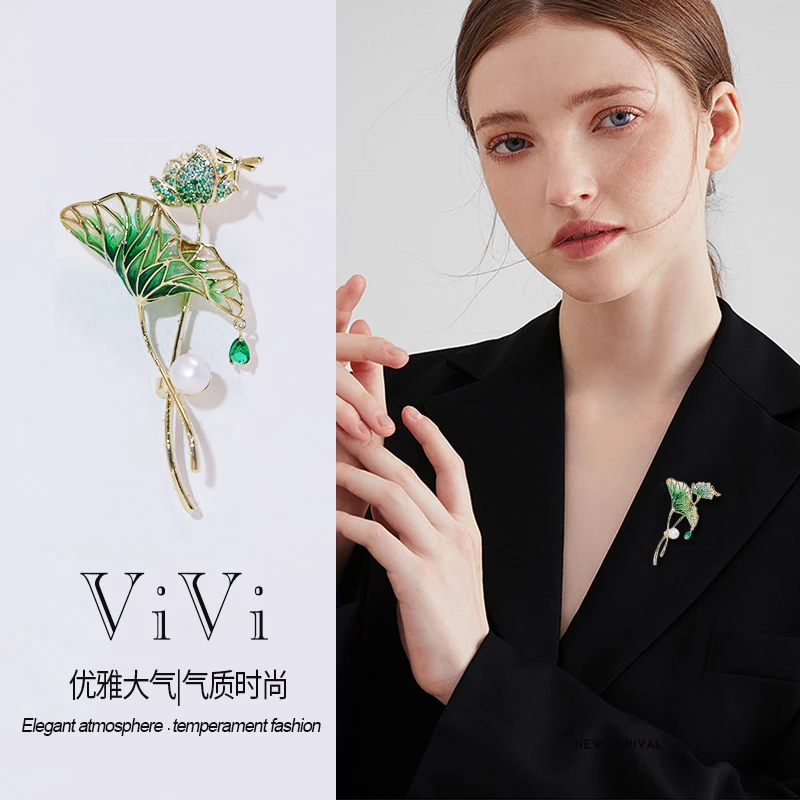 铜合金合成锆石胸针 【美美专享】高档时尚国风荷花胸针-XZ182