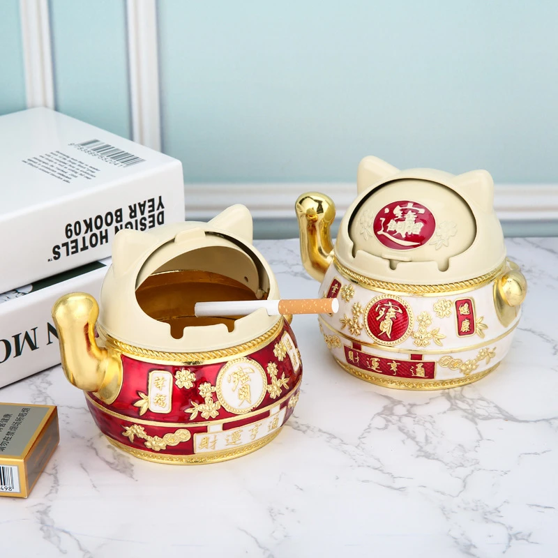 招财猫烟灰缸创意 个性 潮流家用客厅带盖防飞灰奢华高档简约烟缸