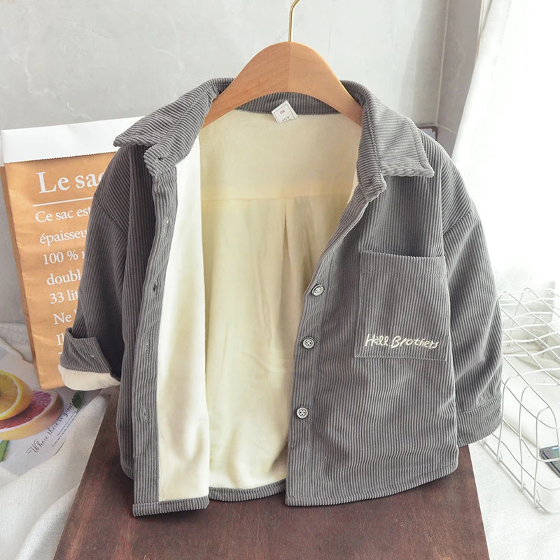 男童冬款灯芯绒外套2024新款儿童装加绒加厚衬衫宝宝保暖冬季衬衣