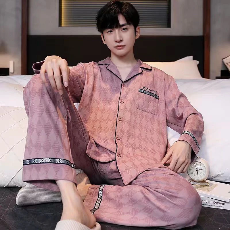 100 %纯棉男睡衣春秋季韩版长袖潮流时尚粉色格子菱形家居服宽松