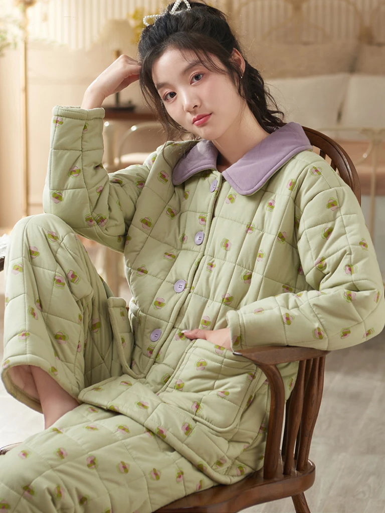 新款秋冬季三层加厚保暖夹棉睡衣女士珊瑚绒碎花家居服套装冬天