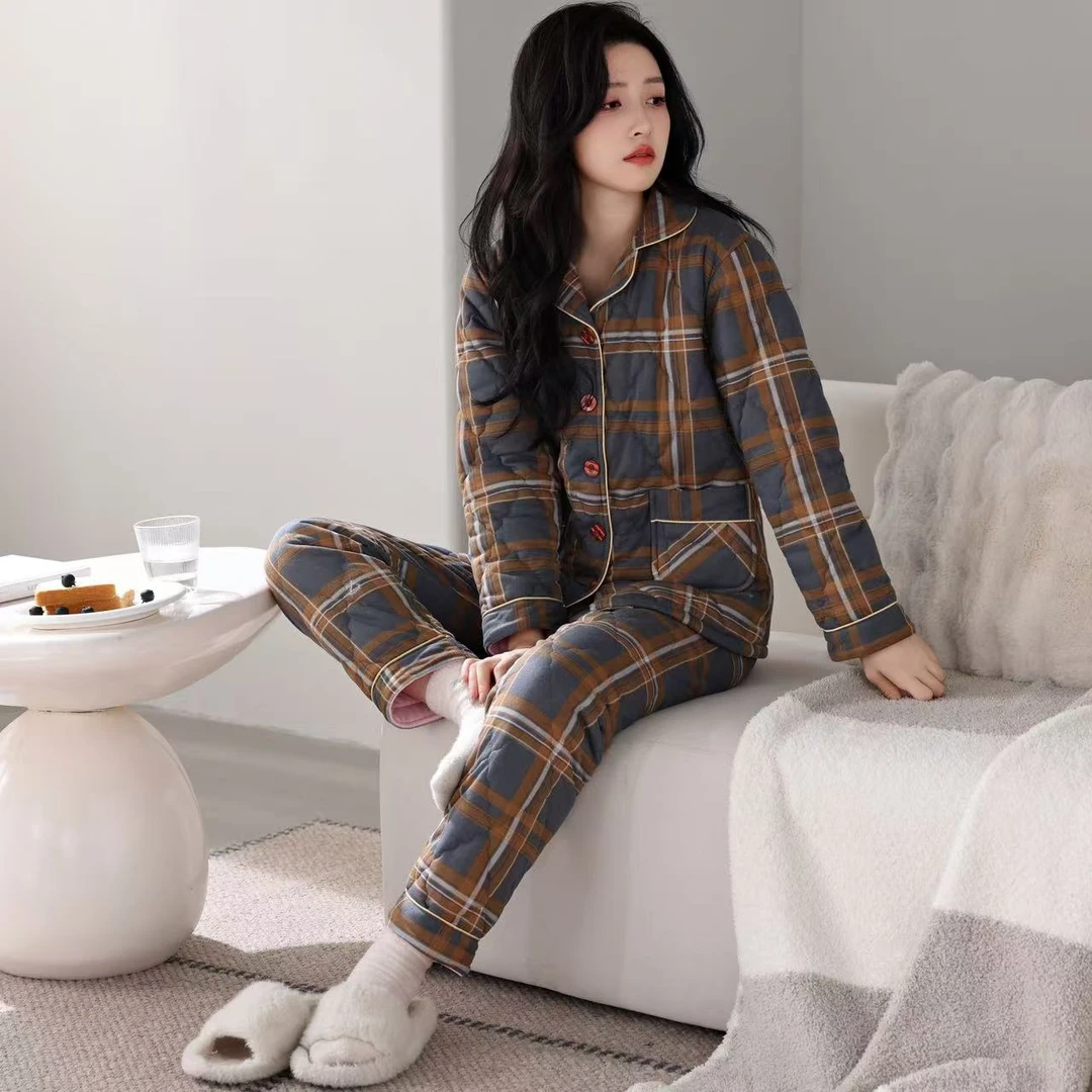 秋冬季睡衣女纯棉夹棉袄冬款女袄子三层保暖加厚全棉服家居服套装