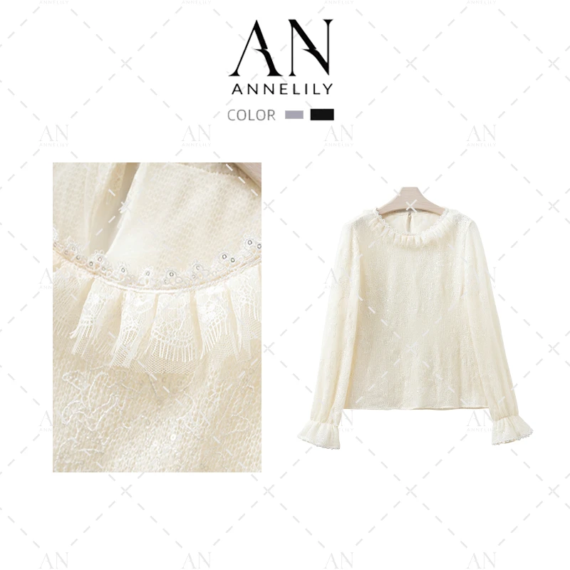 ANNELILY【小绵】新款设计感精致百搭重工蕾丝衬衫AC2409059