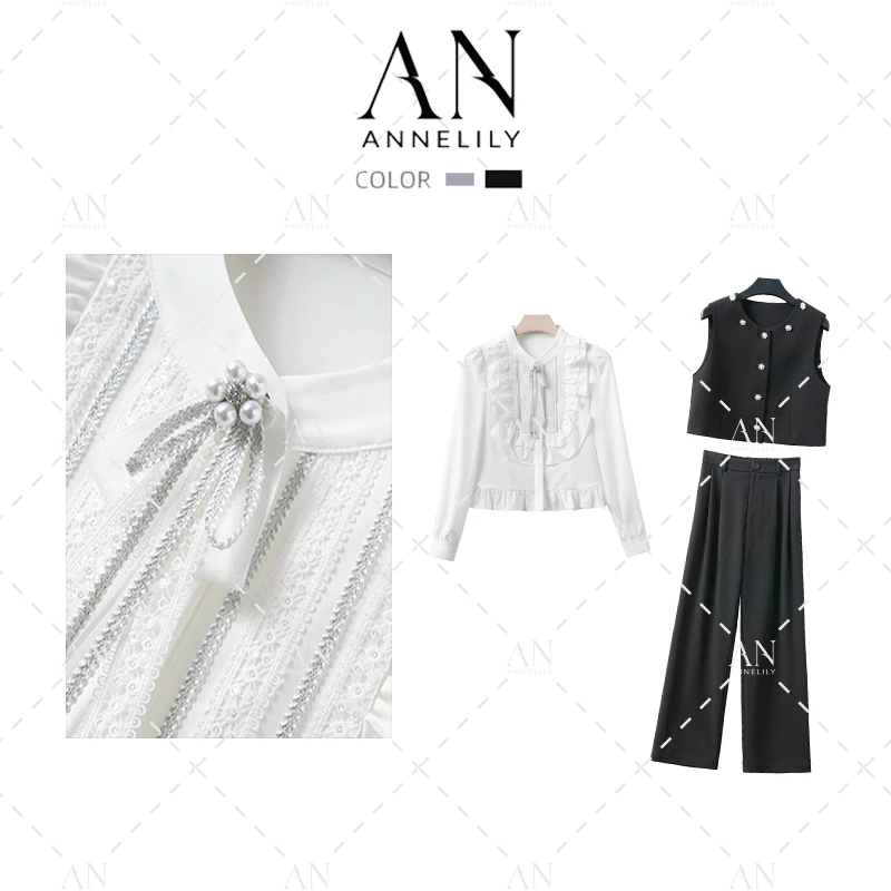 ANNELILY【鹿铃】设计师款百搭马甲衬衫长裤三套装AT2407078