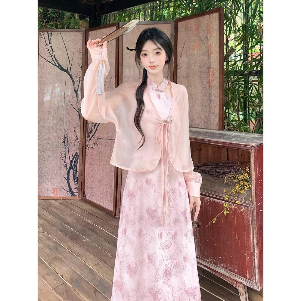 大码女装春夏新款新中式改良旗袍碎花修身挂脖连衣裙两件套