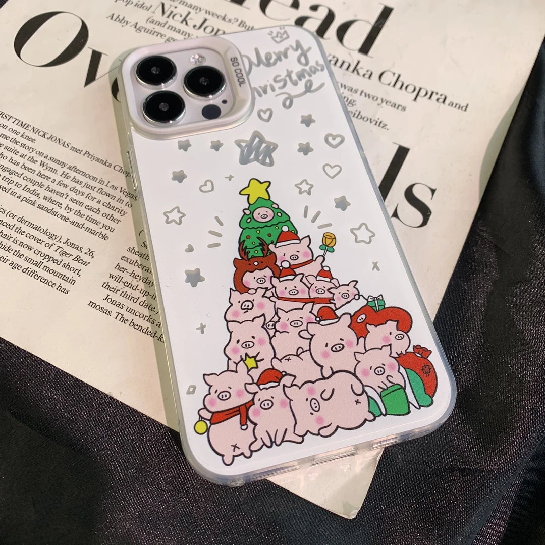 适用苹果15华为荣耀oppo圣诞猪潮牌网红卡通创意个性彩银手机壳