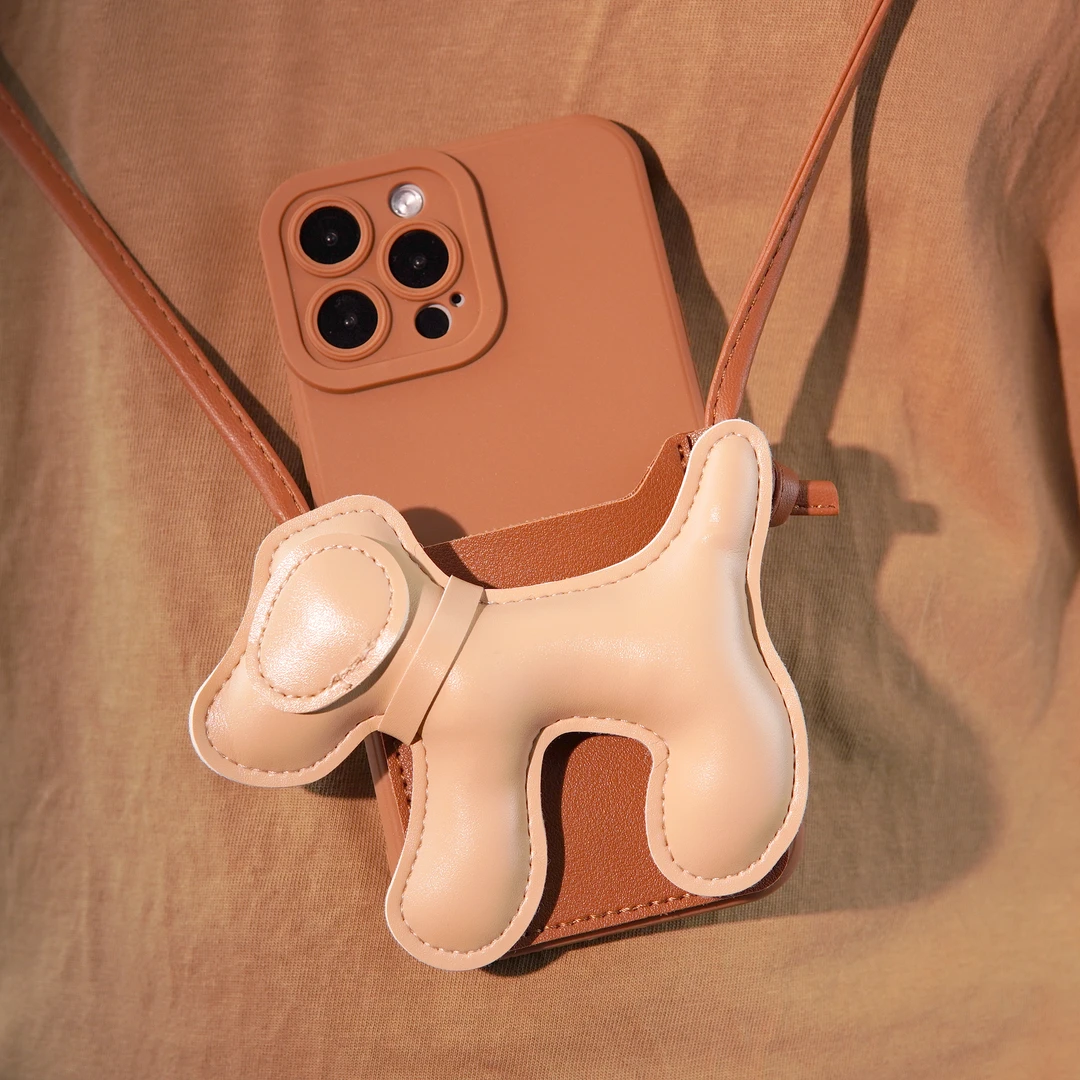 长挂绳卡包手机壳软精孔全包女款复古个性防丢多功能创意小狗