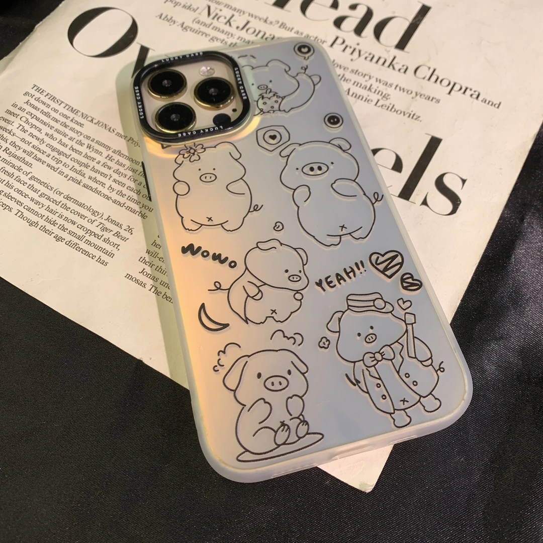 适用苹果15华为荣耀oppo大头小猪简约创意情侣个性镭射IMD手机壳