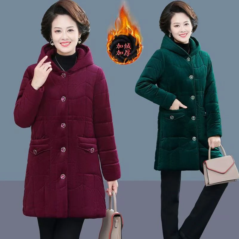 中老年女装冬季新款加绒加厚棉衣中长款棉服外套妈妈装纯色女棉袄