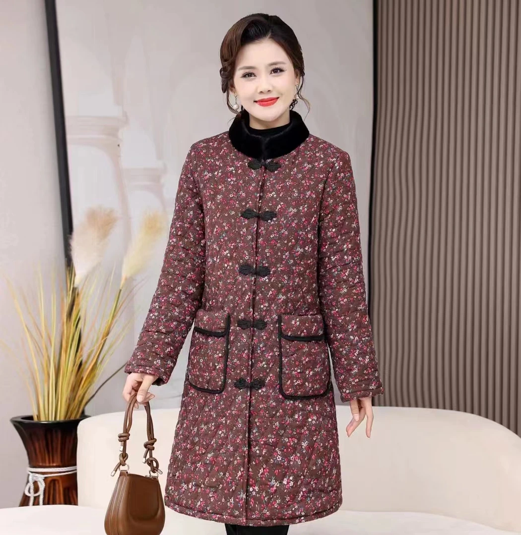 冬季时尚妈妈装加绒加厚中长款立领保暖棉衣宽松显瘦棉麻印花棉衣