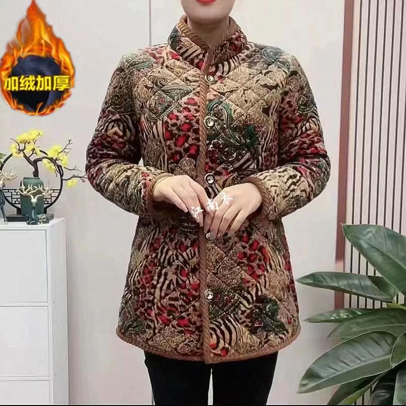 2025春秋新款加绒加棉宽松印花立领棉袄时尚洋气遮肚显瘦保暖棉衣