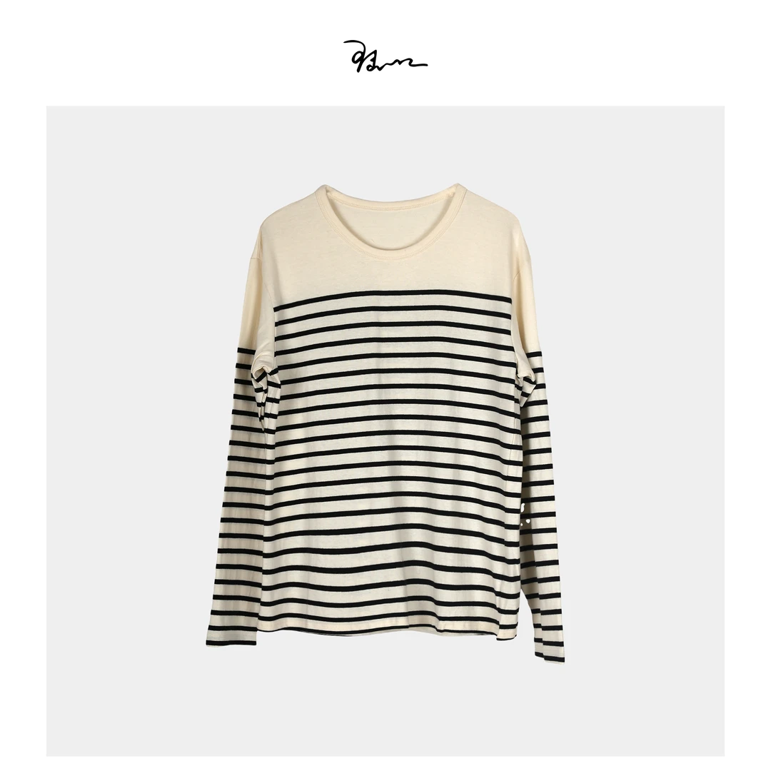 陆一口女装推荐定制面料极简条纹长袖T恤圆领