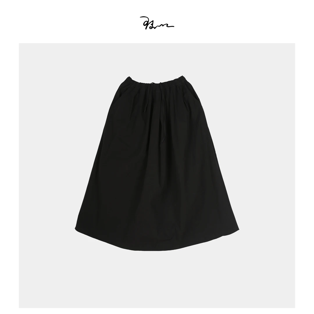 【茉莉花】陆一口女装定制全棉水洗高腰立体褶皱黑色廓形半身裙