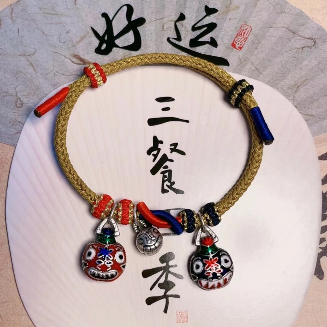 足银布艺手链 足银吞金兽一家三口可调节纯手工编织红绳宝宝手链