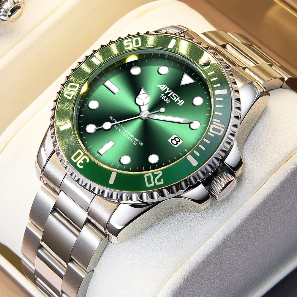 瑞士注册品牌绿水牌男士手表全自动石英表夜光日历防水潮流表