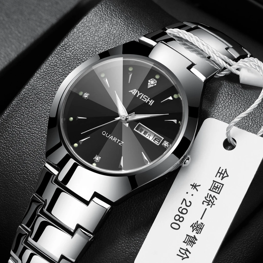 全自动男士手表韩版简约防水男休闲百搭圆形表盘精钢黑色欧美腕表