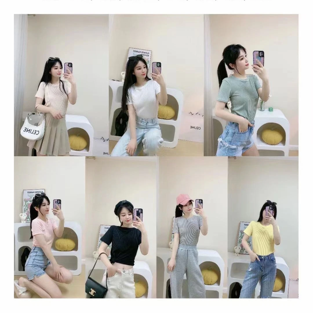 七色冰丝夏季女式短袖厂家直批百搭新款闺蜜装平价显瘦针织