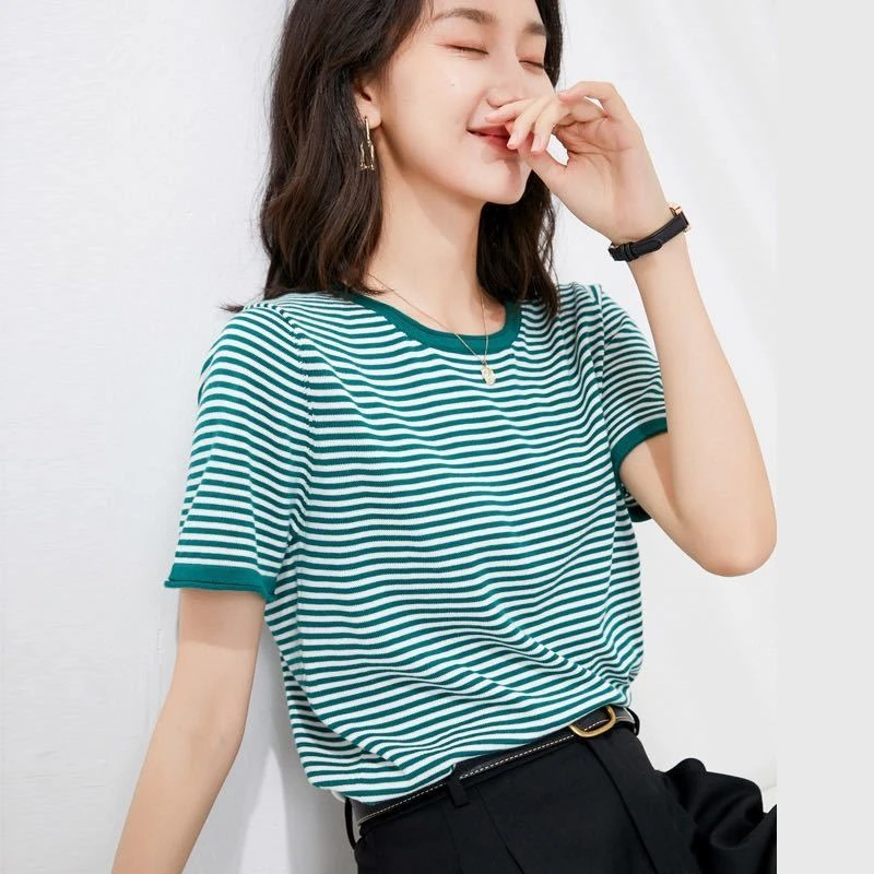 夏季女士冰丝圆领条纹短袖T恤宽松版半袖百搭短袖衣服显瘦时尚