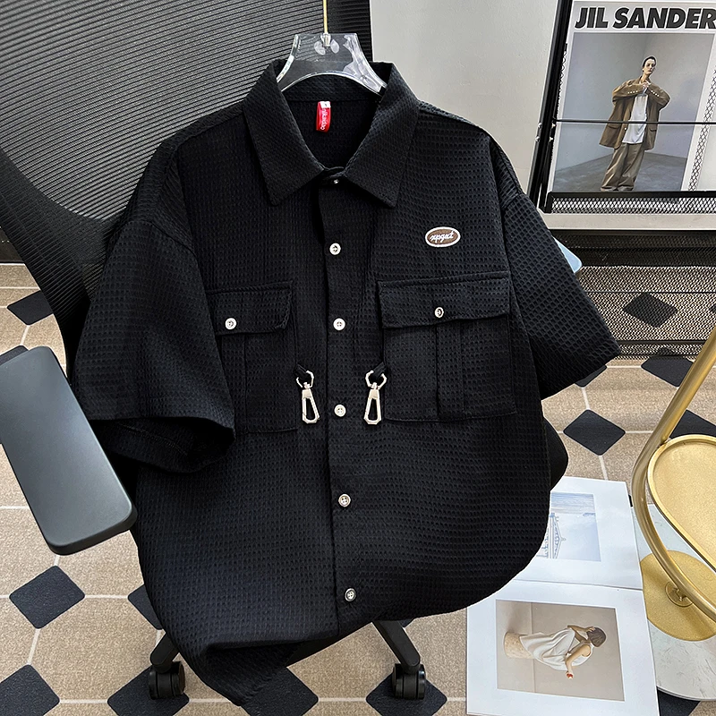 【金属挂饰华夫格衬衫】复古嘻哈短袖衬衣夏季学院风休闲百搭上衣男