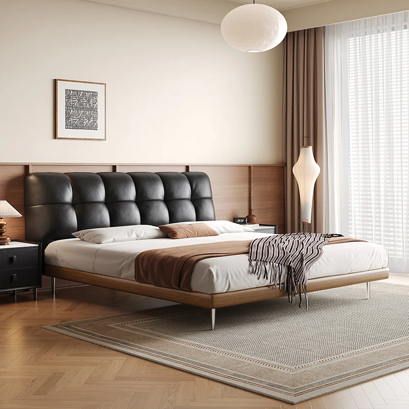 魔方真皮床风1.8米简约主卧意式极简复古风双人床高脚婚床
