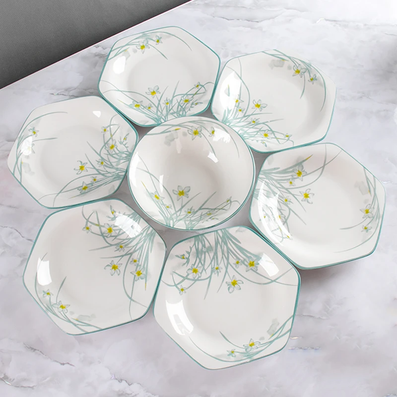 水仙盘套装大号水仙花六角拼盘餐具6边形餐盘陶瓷送8英寸汤碗一个
