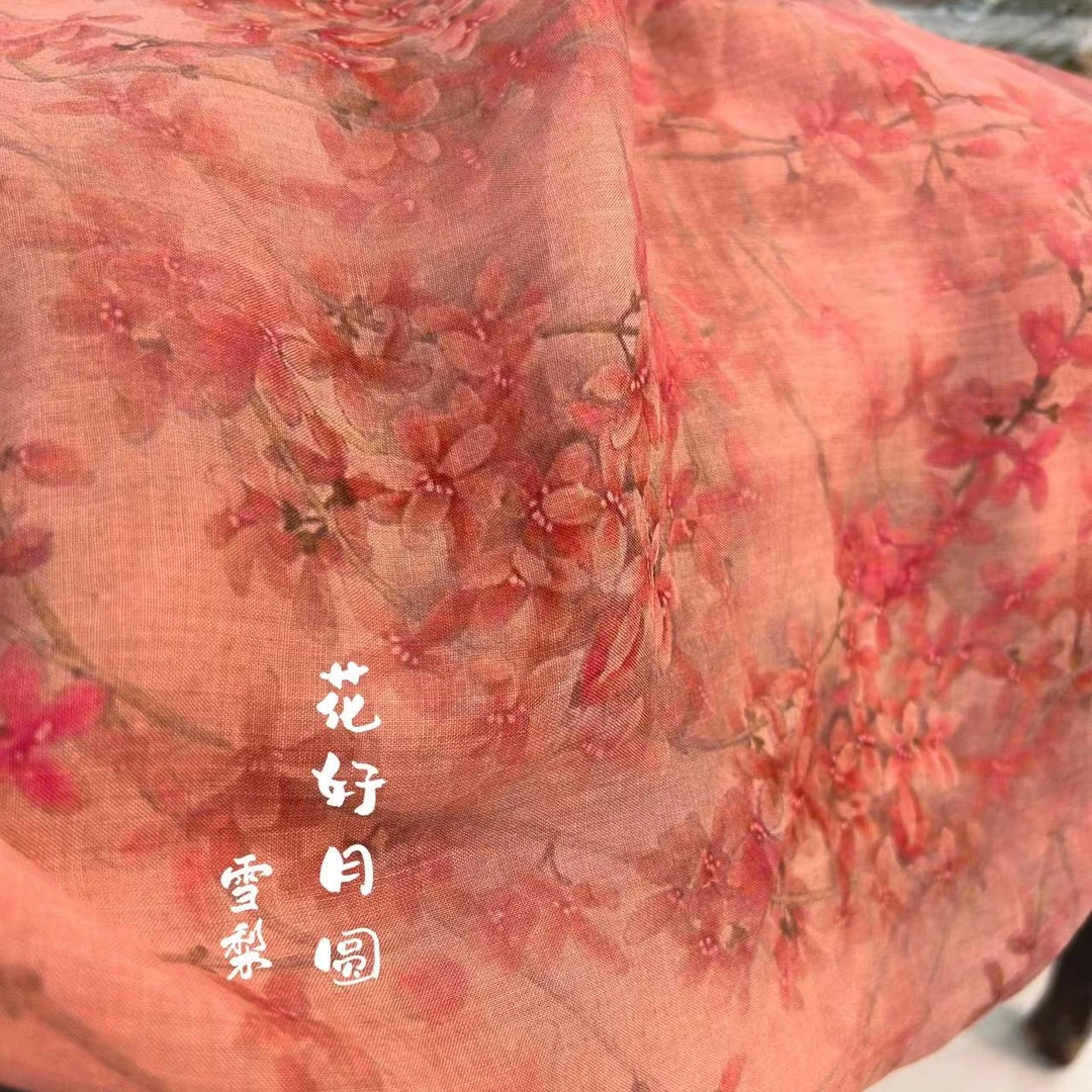 莨麻花好月圆高端苎麻印花清新舒适布料30849