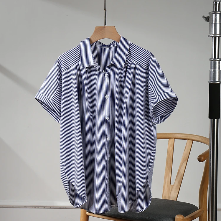 欧洲站女装夏季新款竖条纹宽松显瘦娃娃领衬衫百搭中长衬衣上衣