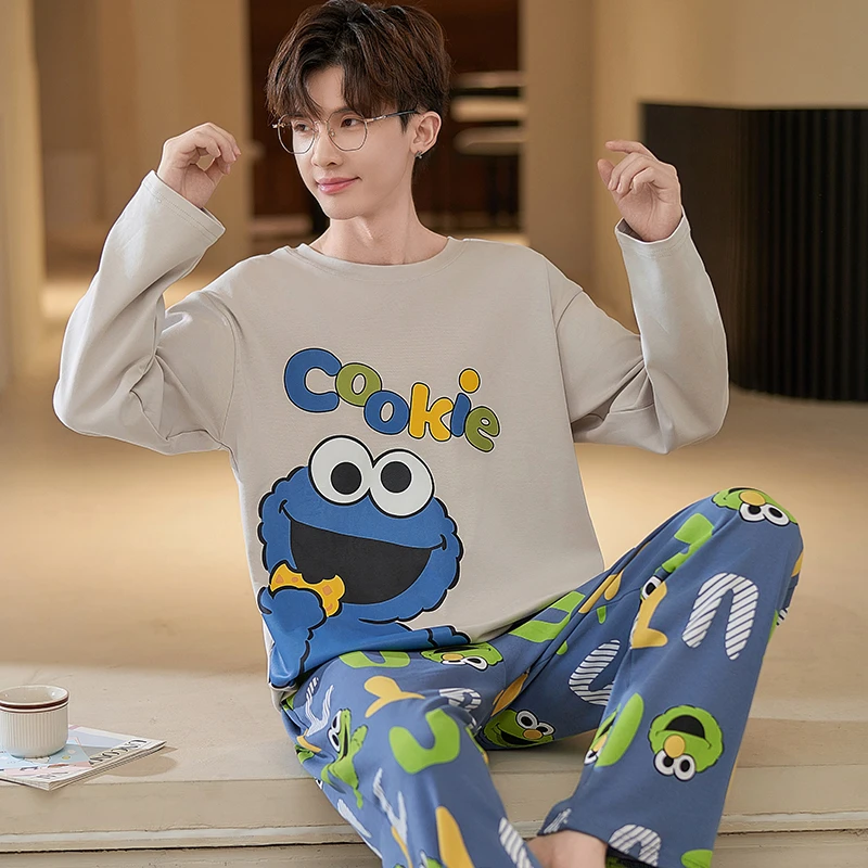 春秋季男士睡衣纯棉长袖薄款大码秋冬男款青少年卡通家居服套装