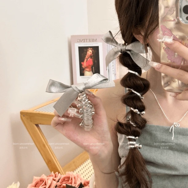 专属银光闪闪升级银灰色织带蝴蝶结珠珠电话线直发束发圈发绳时尚